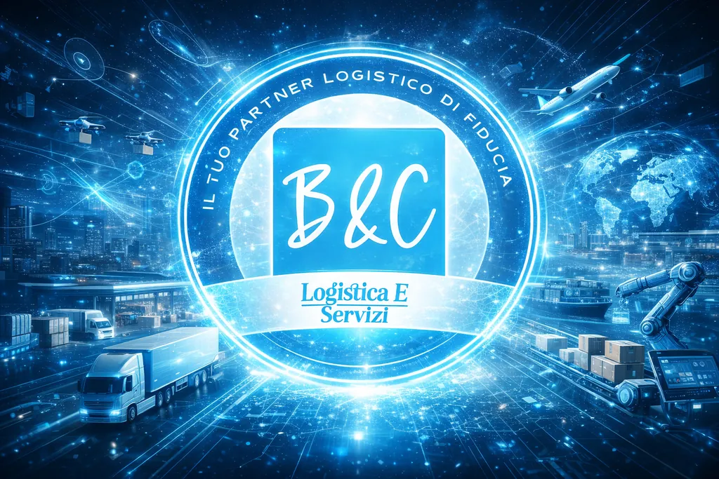 Il logo di B&C Logistica e Servizi su uno sfondo tecnologico con camion e magazzino